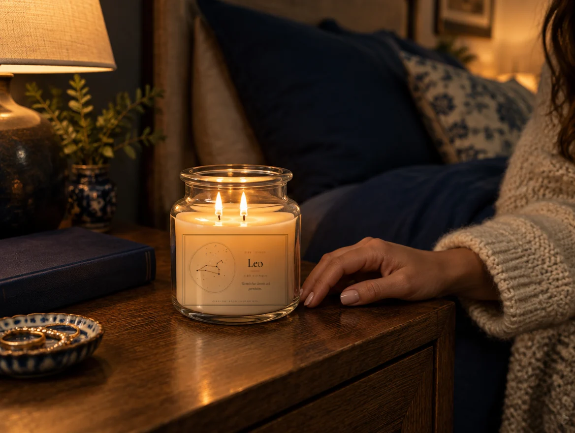 A lit Leo candle in a glass apothecary jar on a bedside table, lamplight behind
