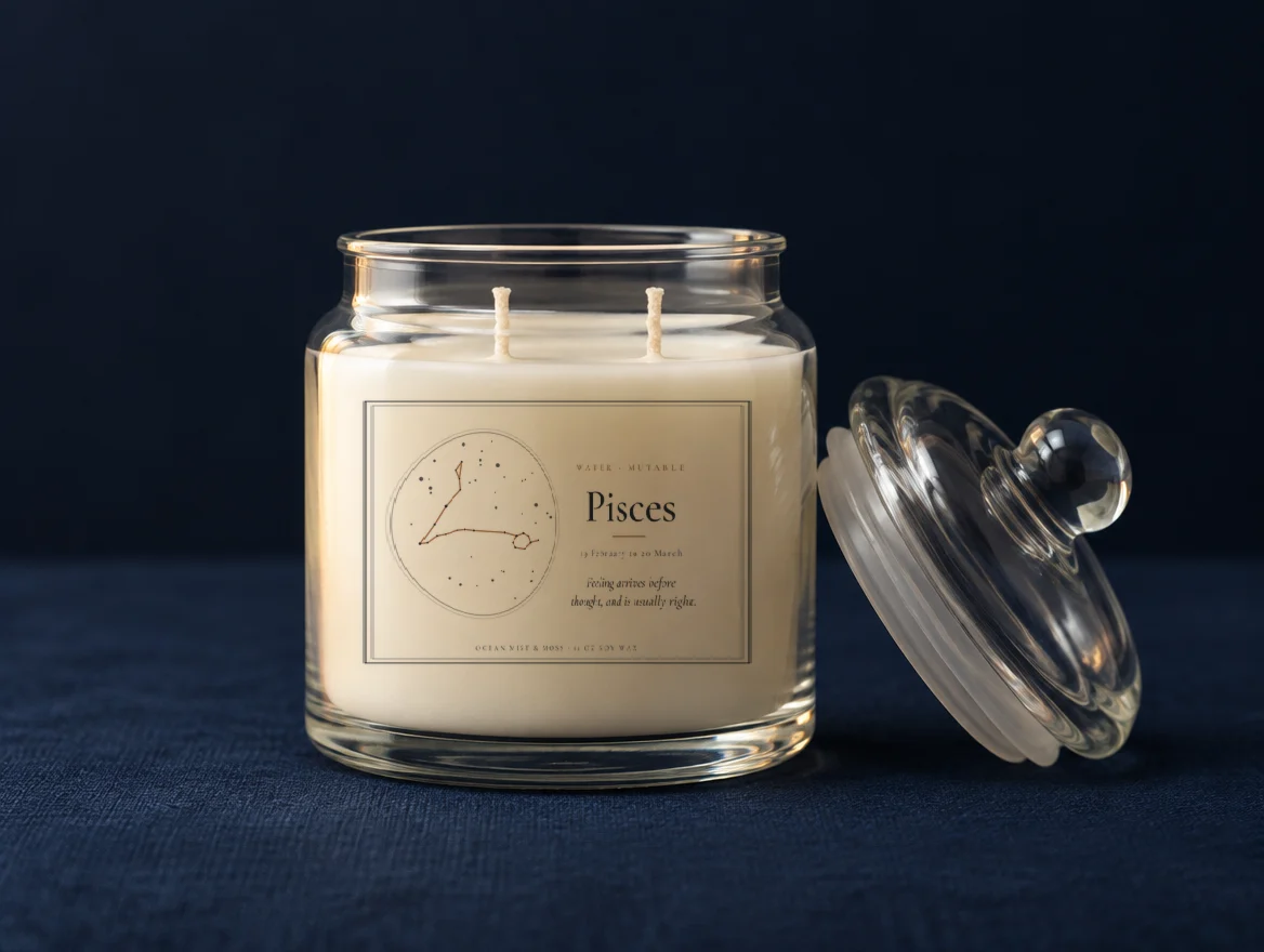 The Pisces candle, its constellation printed on the front of the jar