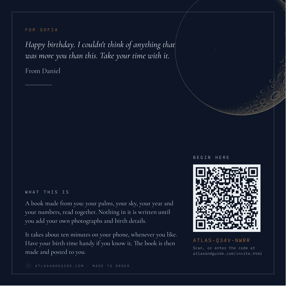 The back: For Sofia, the giver's note in italic, From Daniel, what the book is, and the QR code with the gift code below