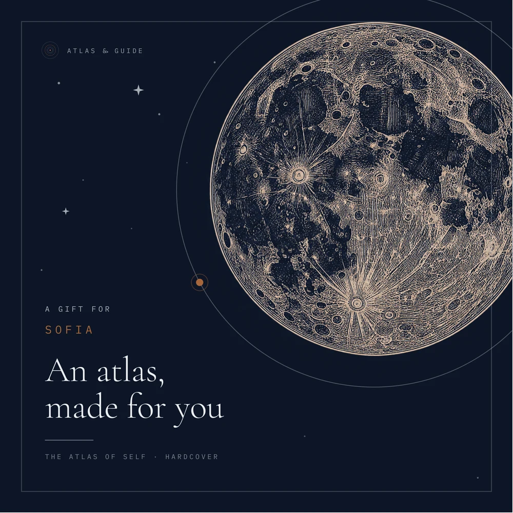 The front: the engraved full moon from the Atlas of Self cover, A gift for Sofia, An atlas, made for you, The Atlas of Self, hardcover