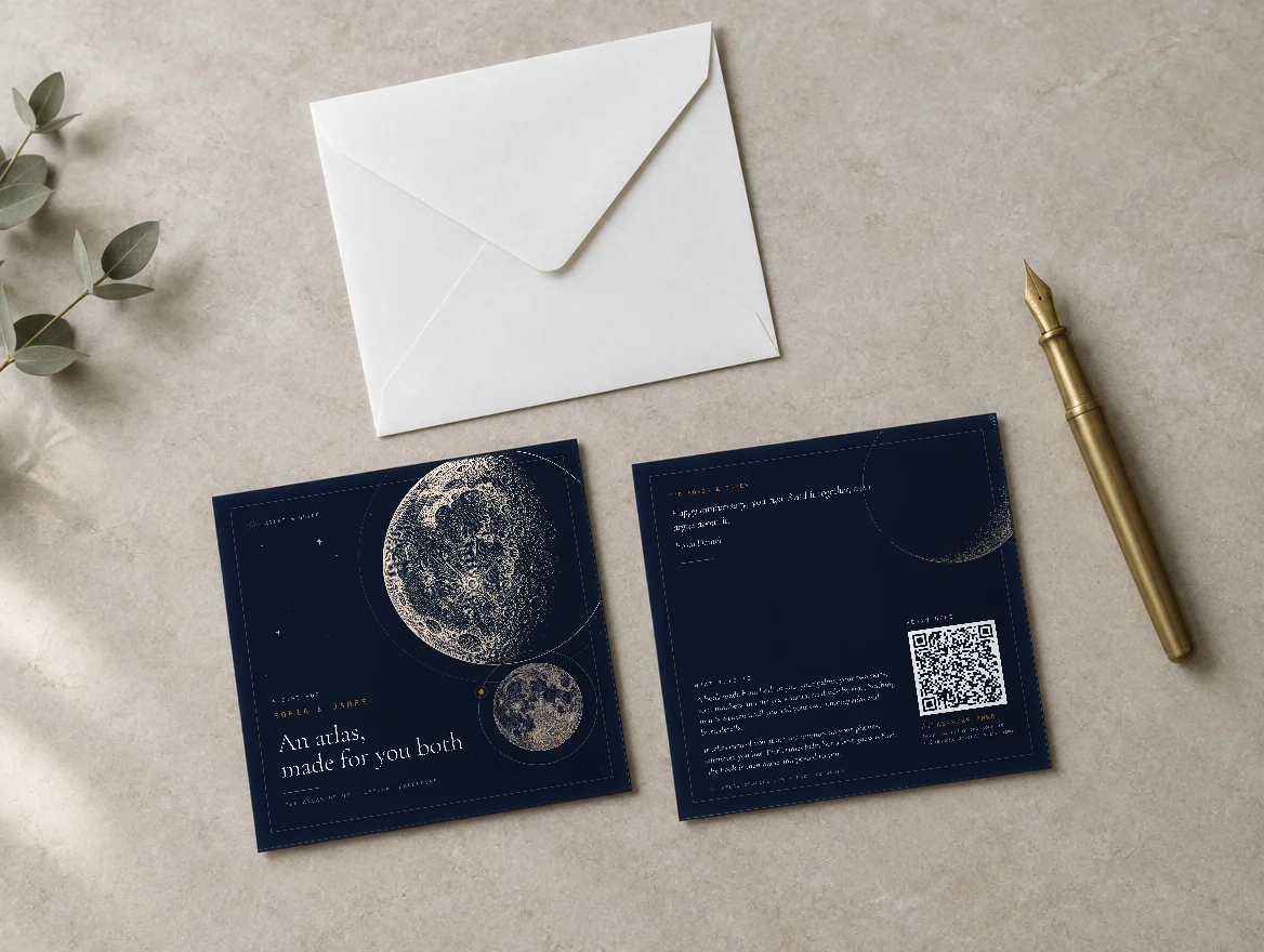 The Atlas of Us card, front and back: two moons and both names, then the note and the QR code