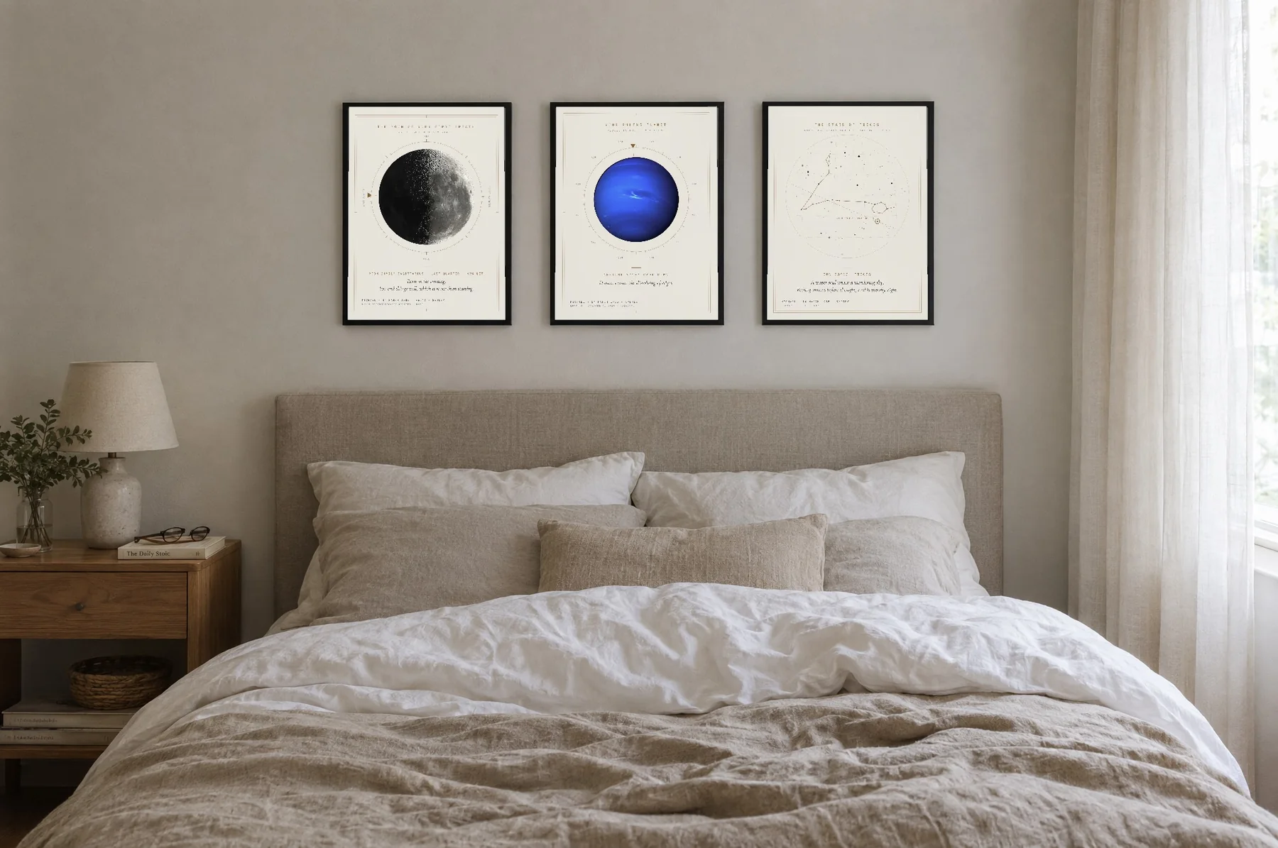 A set of three prints on white paper in black frames above a bed: the Moon, a ruling planet and a constellation