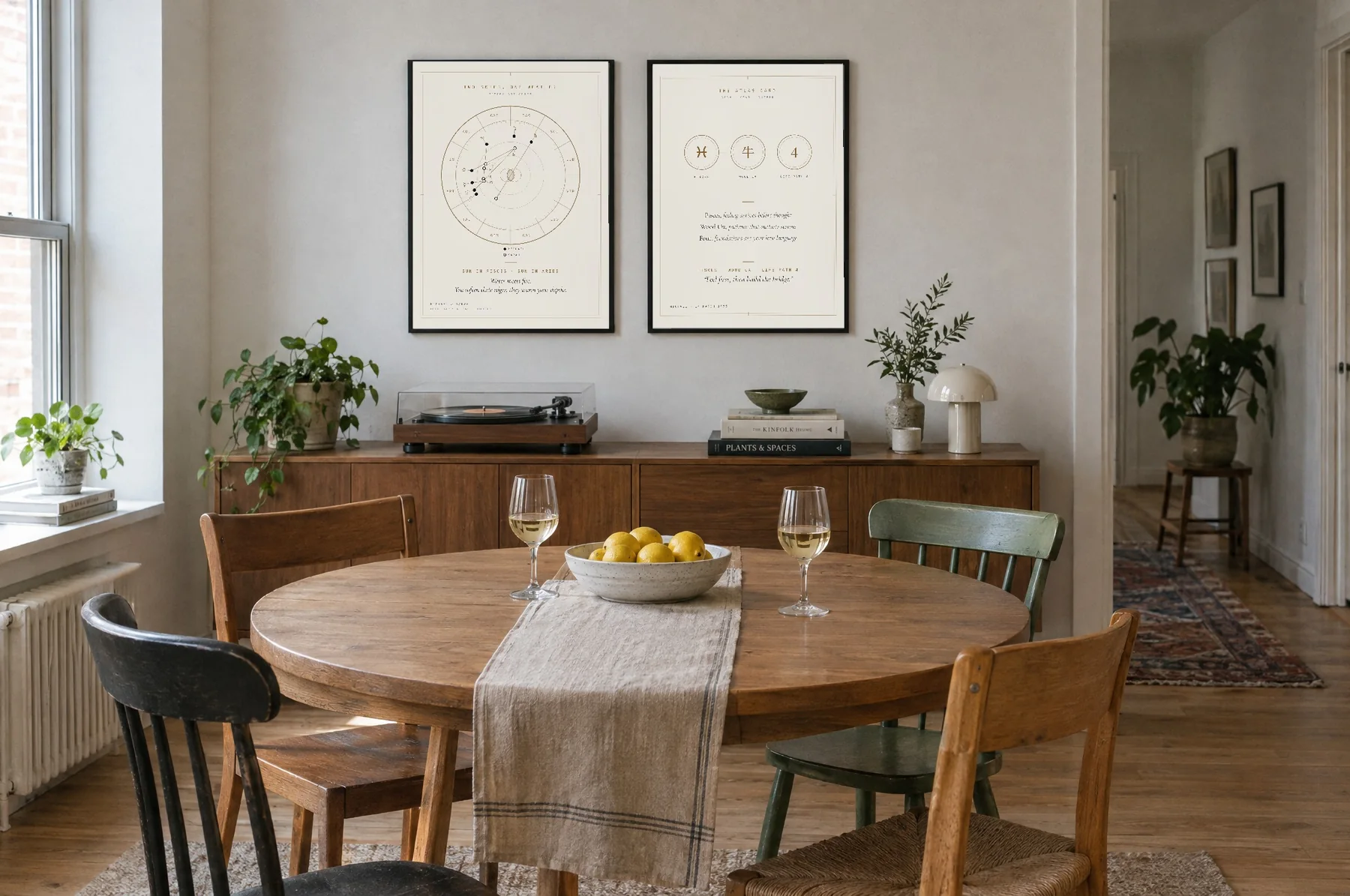 Two Skies and the Atlas Card on white paper above a dining room sideboard