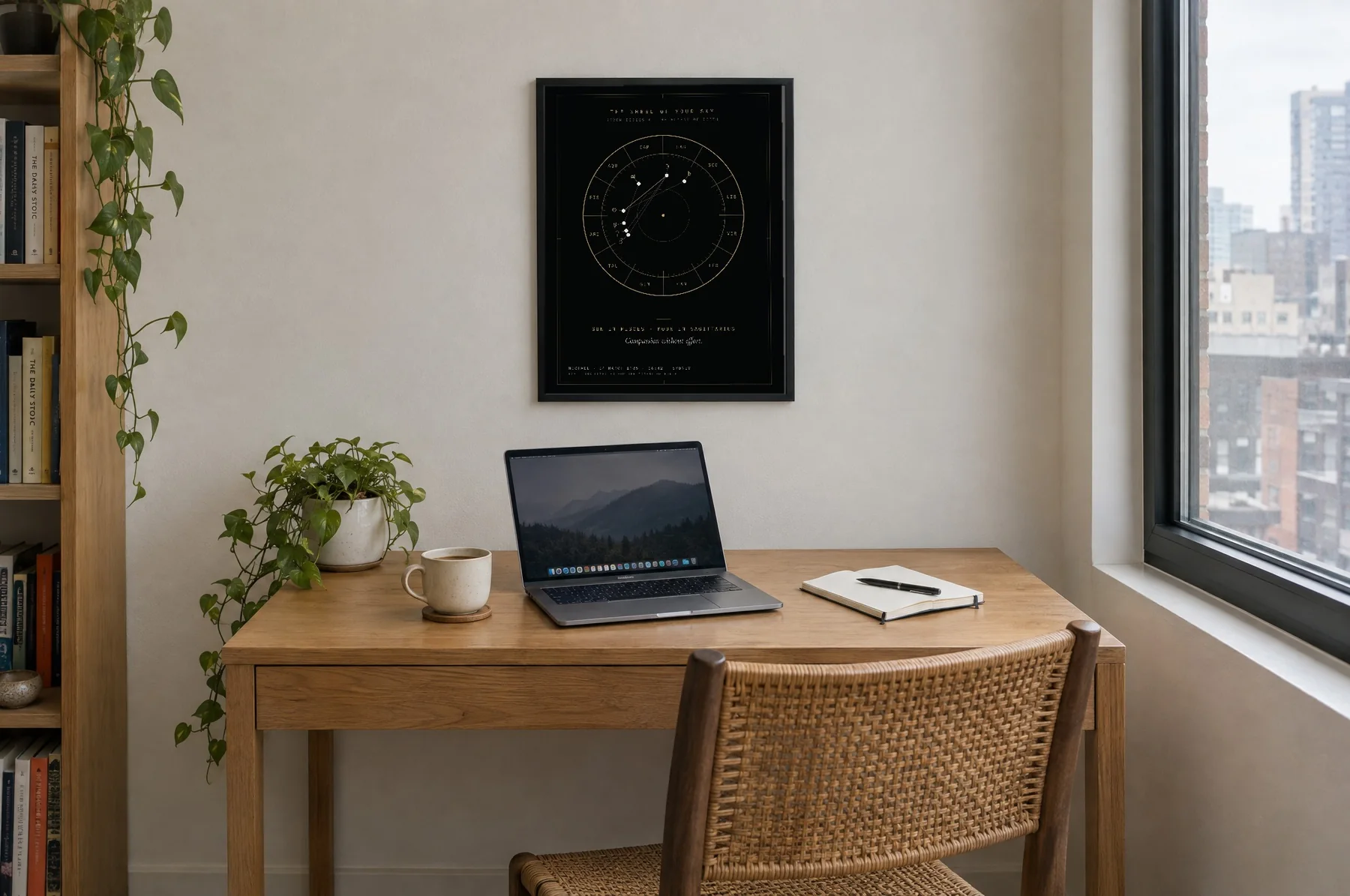 The birth chart wheel print on black paper above a home office desk