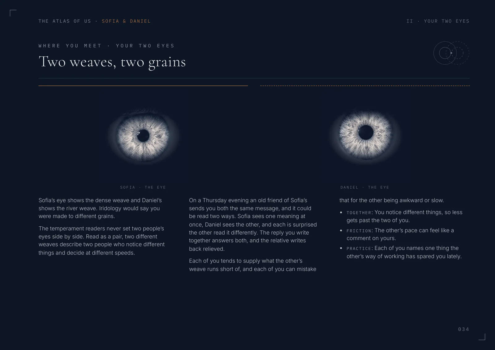 Page 34, Two weaves, two grains: both partners' irises side by side