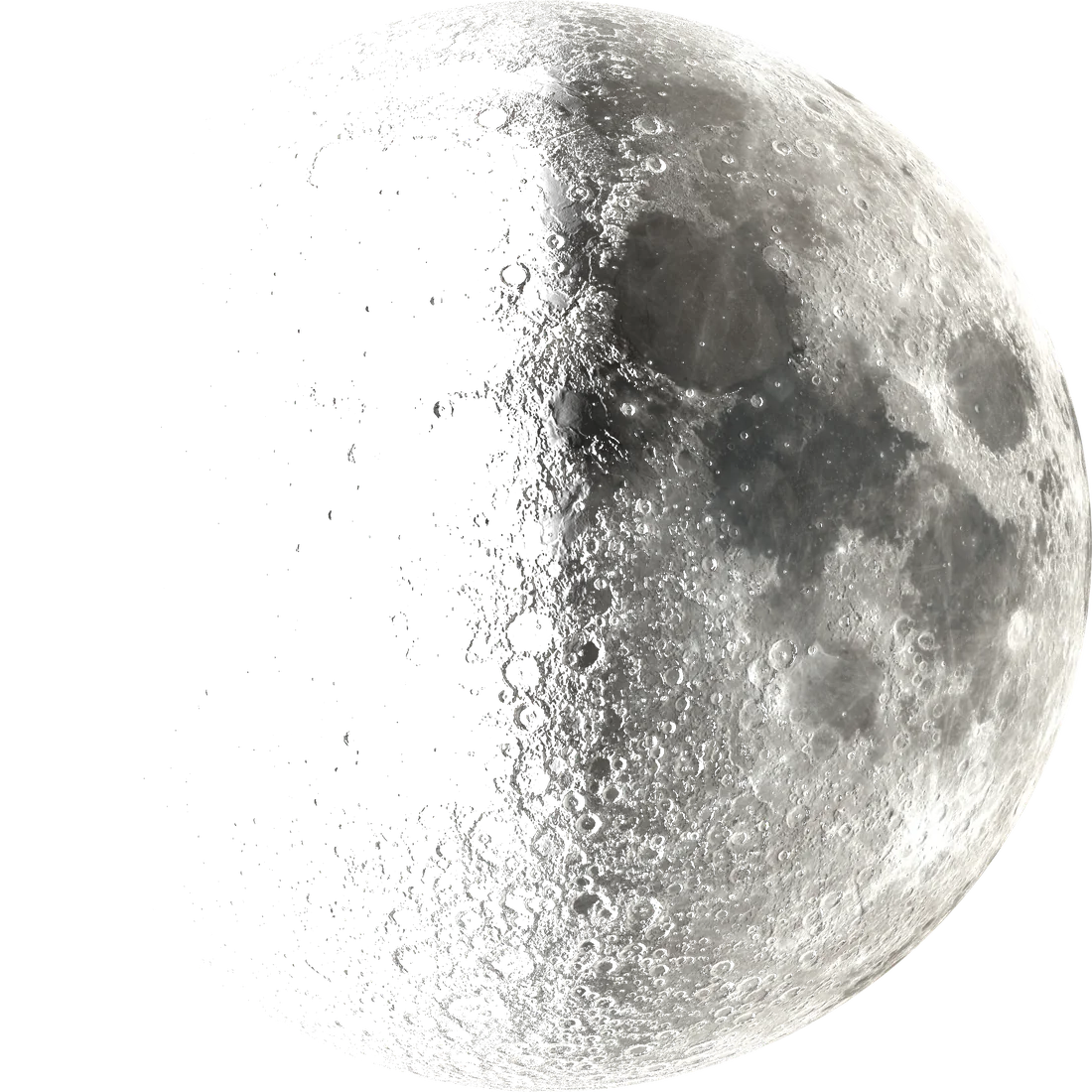 The Moon lit as a first quarter, from the LRO maps